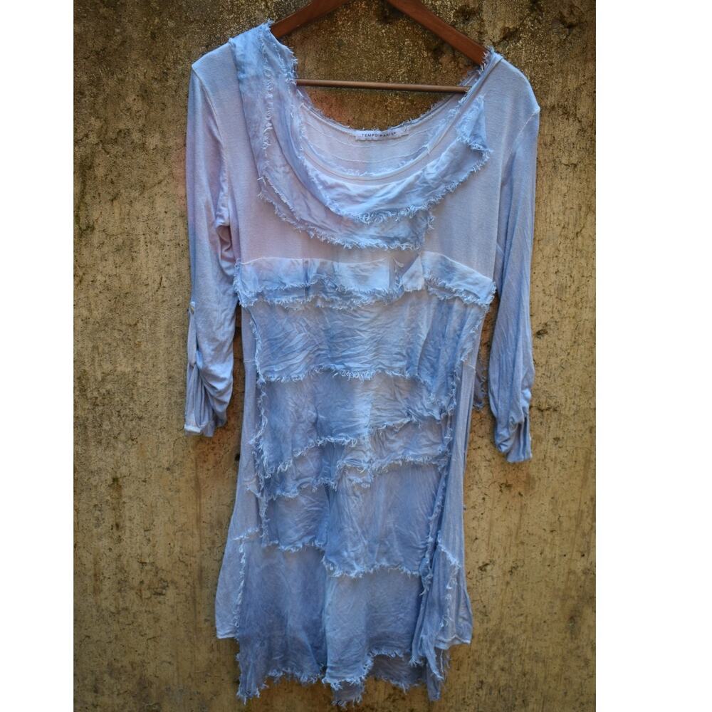 Tempo Paris Light Blue Layered Fringe Hem Tunic Dress Women’s Size L